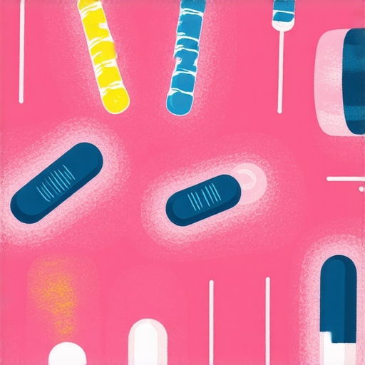 Illustration of gut microbiome with medical icons representing combined therapy with Ozempic for weight loss.