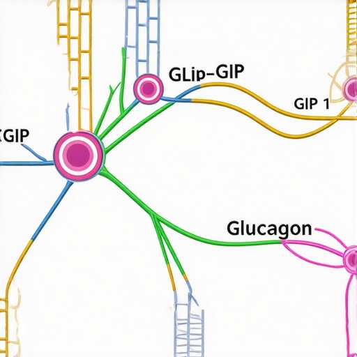 Neural pathways involved in appetite and energy regulation targeted by GLP-1, GIP, and glucagon receptor agonists.