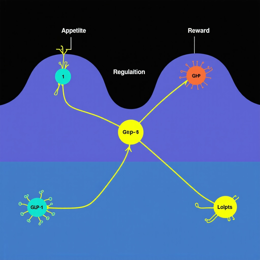 Illustration of brain regions involved in hunger and reward modulated by GLP-1 receptor activation.