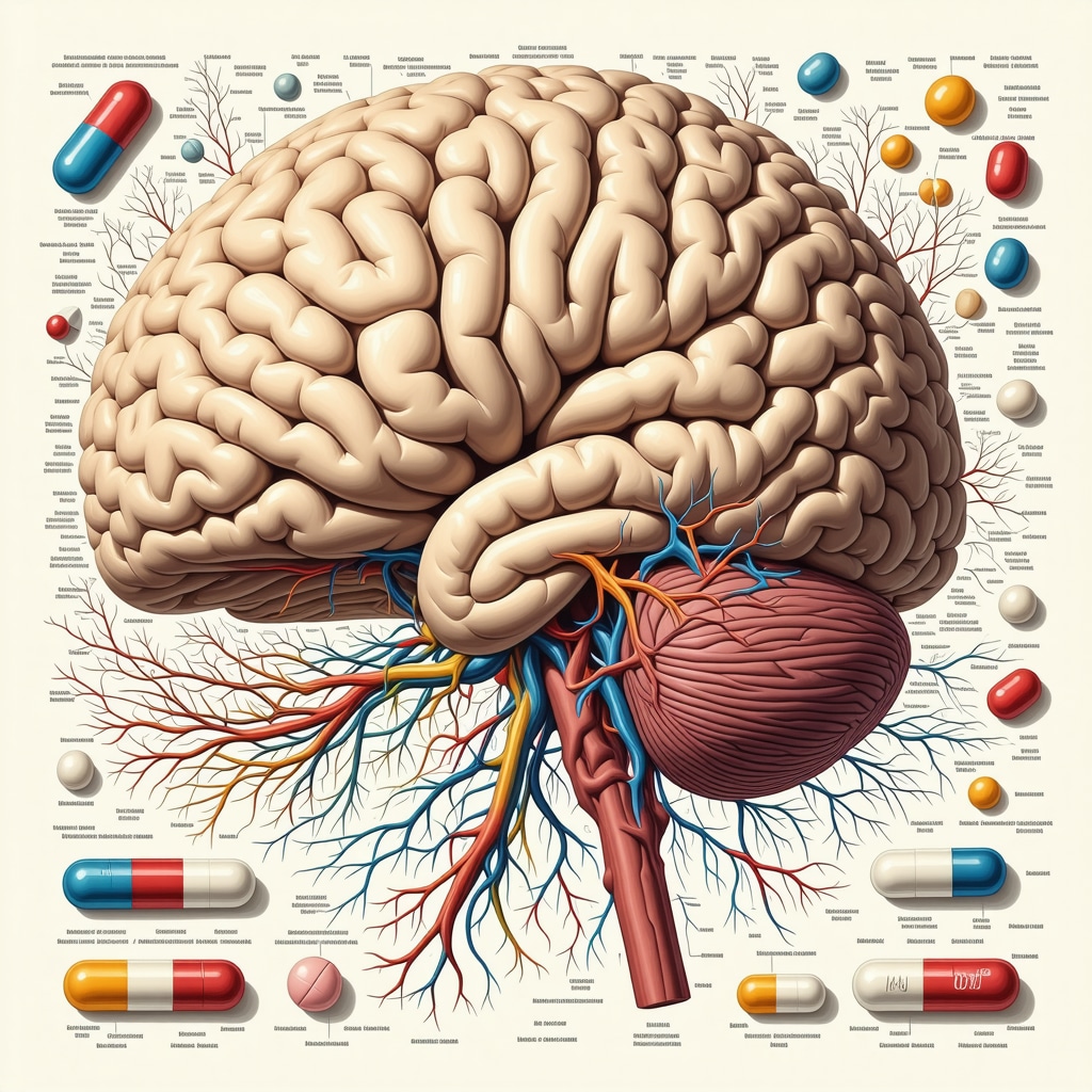Illustration of brain neural pathways demonstrating neuroplasticity with medication influence