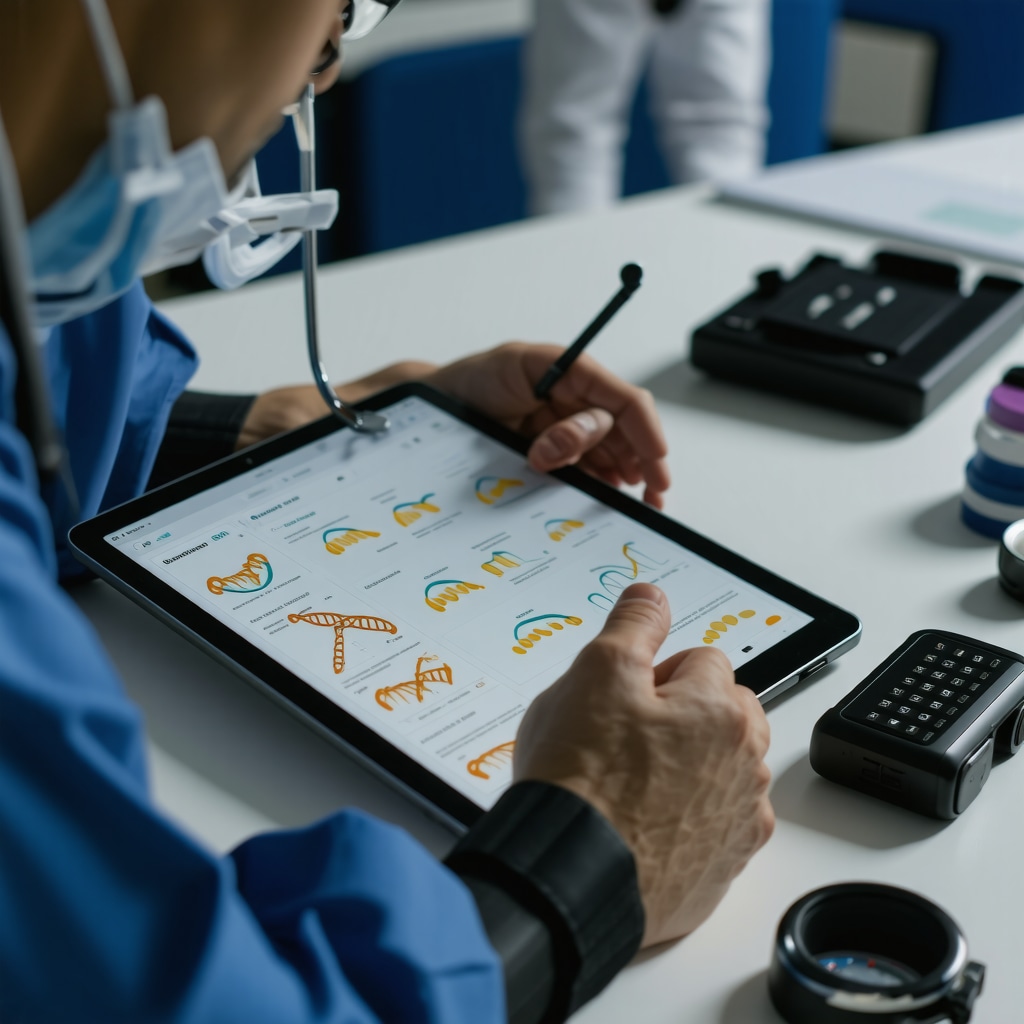 Doctor analyzing genetic and health data on a tablet with wearable tech