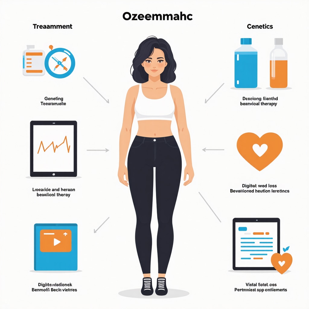 Diagram illustrating personalized weight loss approach with Ozempic, genetics, behavioral therapy, and digital monitoring.