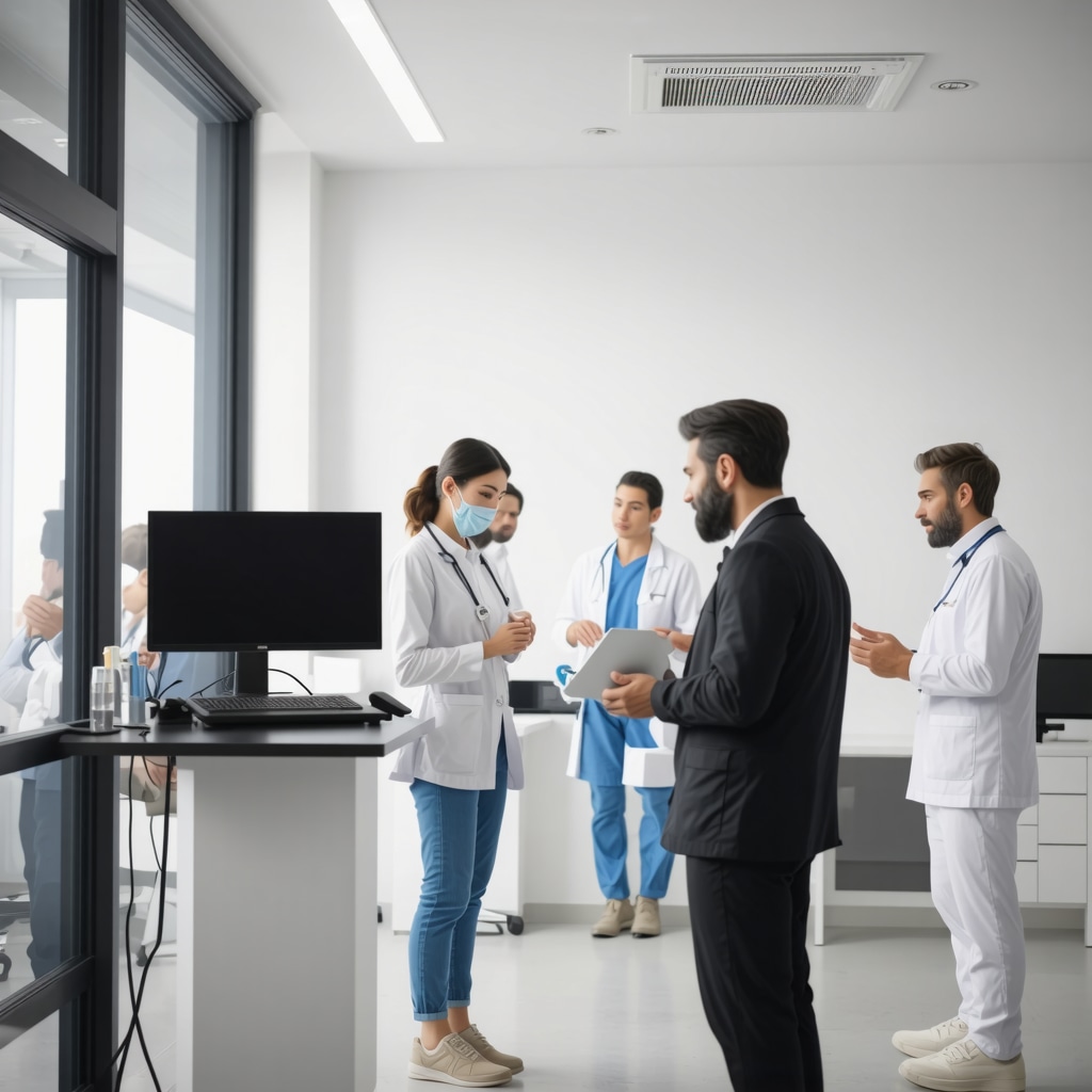 Healthcare professional consulting patient via telehealth in a modern clinic