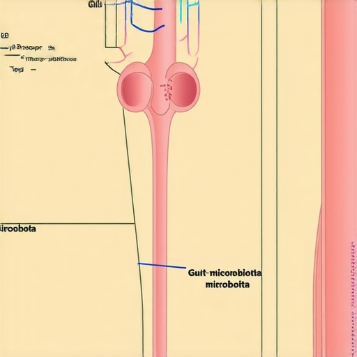 Medical illustration depicting GLP-1 receptor pathways and gut microbiota effects on weight loss