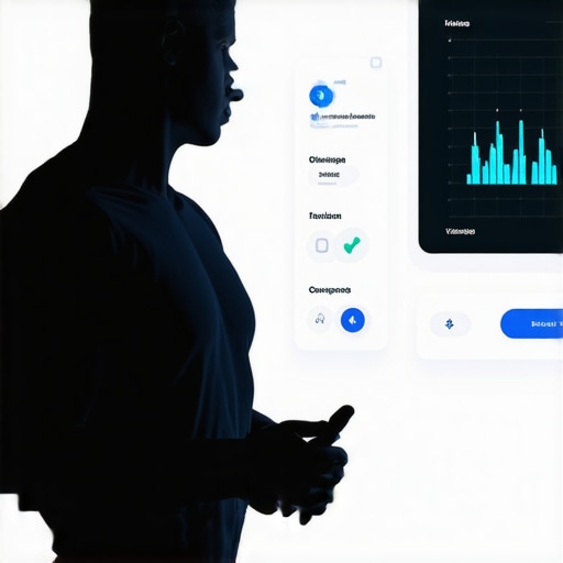 Futuristic telehealth interface showing AI data analysis and wearable health monitors