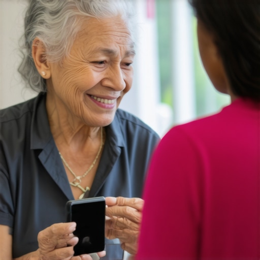 Health worker helping elderly with digital health devices