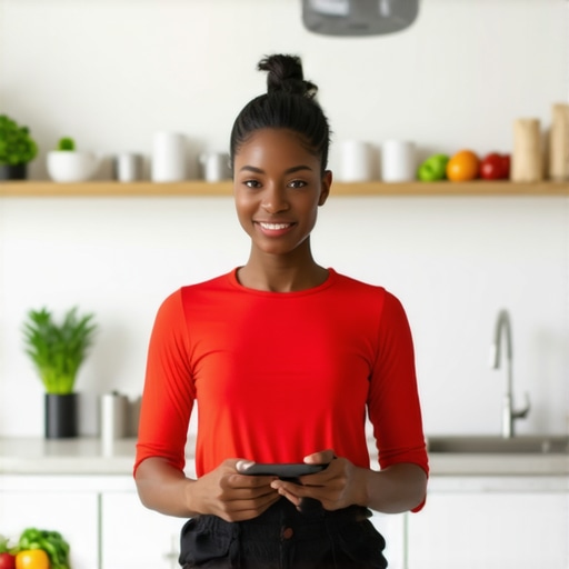 Person tracking weight loss progress with a mobile app in a kitchen setting