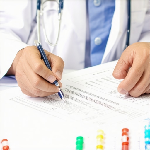 Healthcare professional reviewing medication and insurance documents