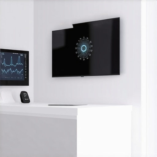 High-tech telehealth consultation with biometric sensors and AI in a modern clinic setting