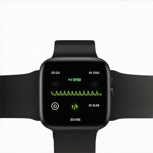 A futuristic wearable device monitoring blood glucose and appetite, connected to a smartphone app for personalized weight management