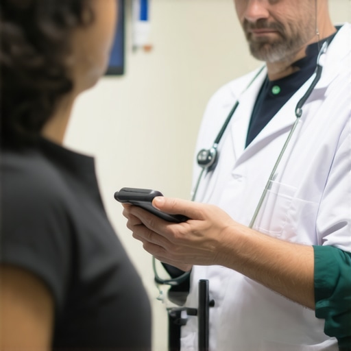 Doctor using digital health device to monitor patient in clinic