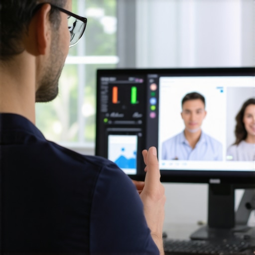 A modern telehealth platform with screens displaying patient data and virtual doctor consultation