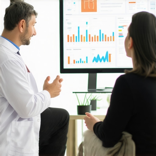 Doctor Consulting Patient on Weight Loss Doctor and patient discussing weight loss plan with digital health tools in clinic