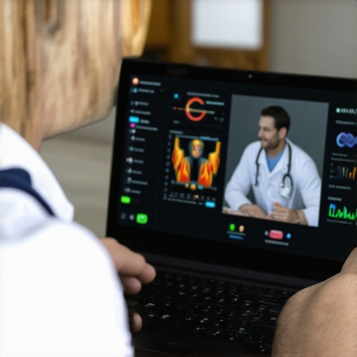 Doctor and patient during telehealth consultation Doctor discussing health with patient over telehealth with digital health data displayed.