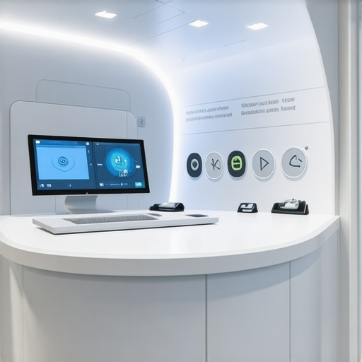 Future of Weight Management Technology Illustration of a modern, high-tech medical clinic with digital health interfaces