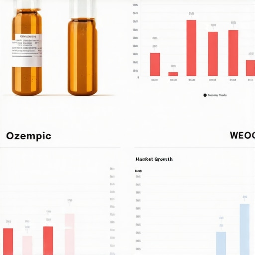 Medication bottles of Ozempic and Wegovy with a graph showing market growth