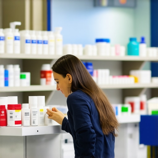 Pharmacy Scene with Medications and Healthcare Worker Pharmacy with prescription drugs and a healthcare professional