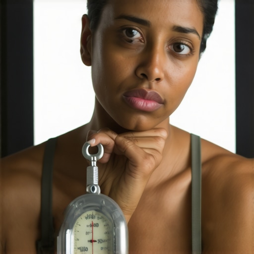 Reflecting on Weight Loss Person contemplating weight loss struggles in front of mirror